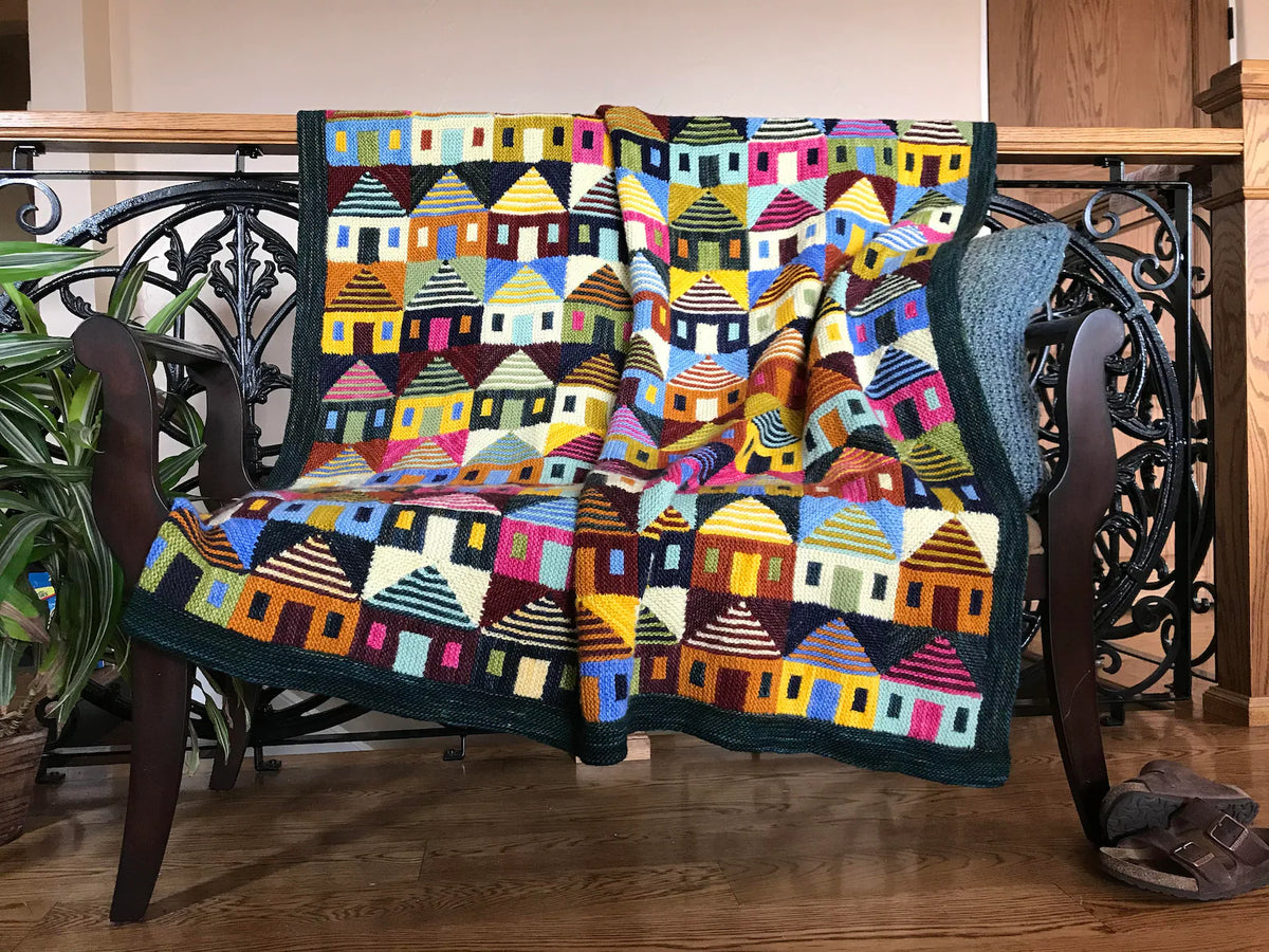 🏡 Safe at Home Blanket Knitting Pattern – Colorful House Throw PDF 🧶✨