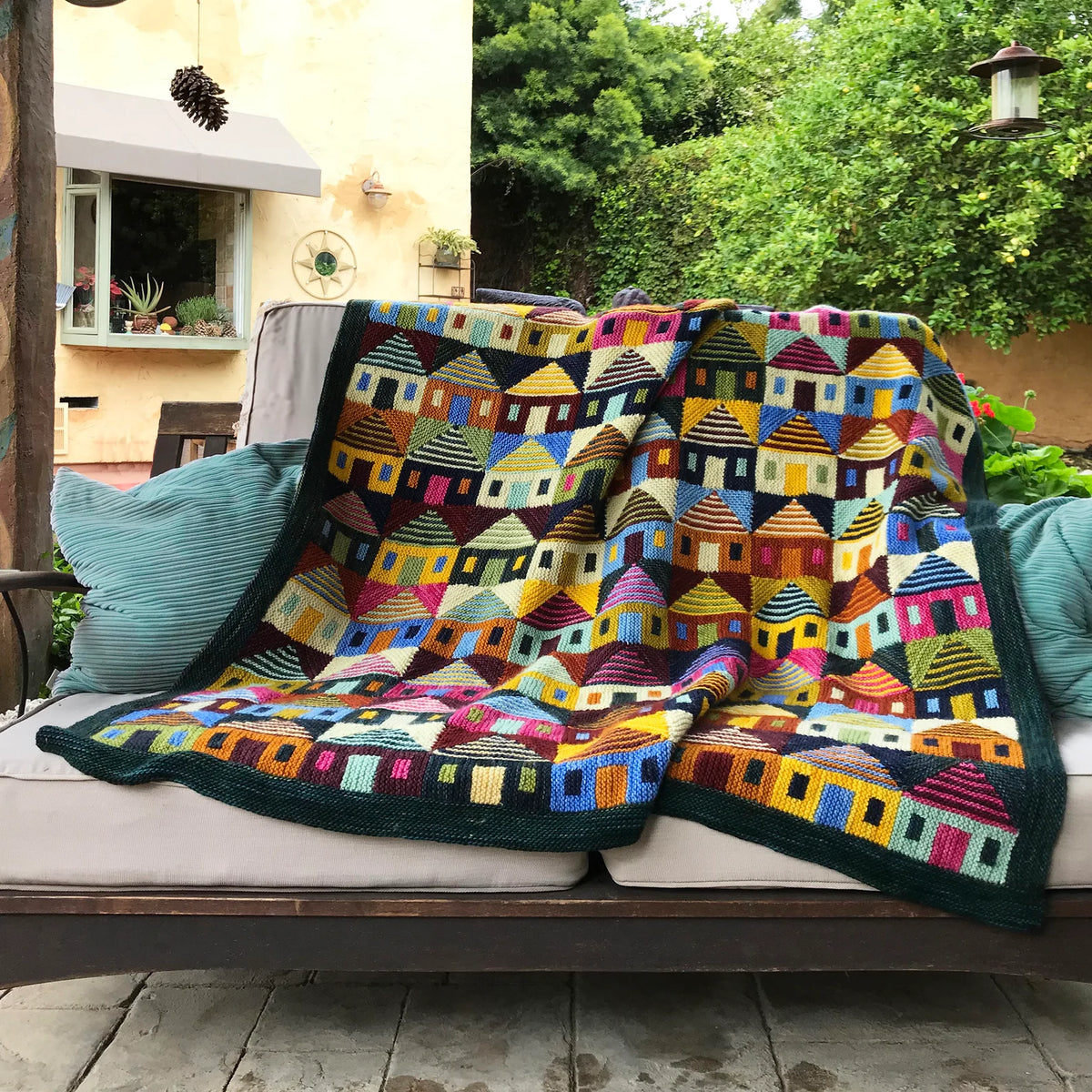🏡 Safe at Home Blanket Knitting Pattern – Colorful House Throw PDF 🧶✨
