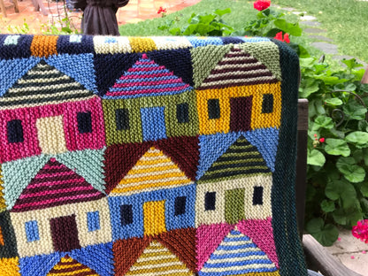 🏡 Safe at Home Blanket Knitting Pattern – Colorful House Throw PDF 🧶✨