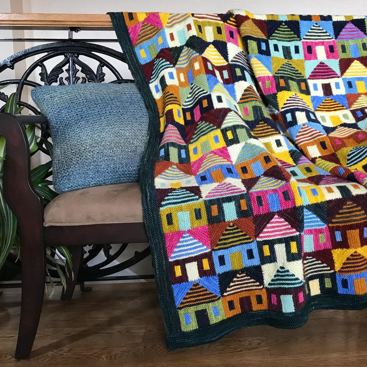 🏡 Safe at Home Blanket Knitting Pattern – Colorful House Throw PDF 🧶✨